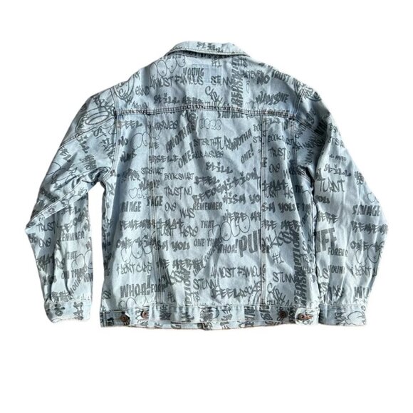 Forever 21 Mens Jean Jacket Graffiti Scribble Denim Cropped Hip Hop Faded Sz L - Picture 4 of 6